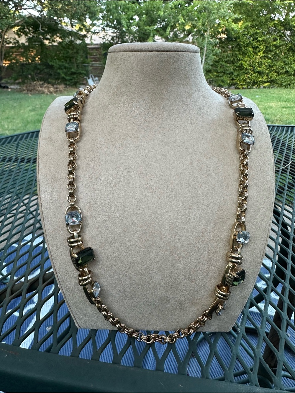 Vintage Ann Taylor Gold-Tone Chain Necklace with Green and Clear Stones 35 in